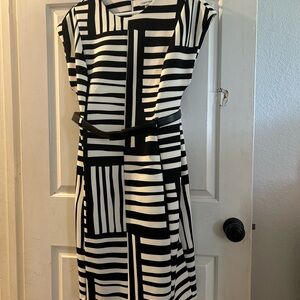 Calvin Klein Black and White Geometric Midi Dress with Belt
